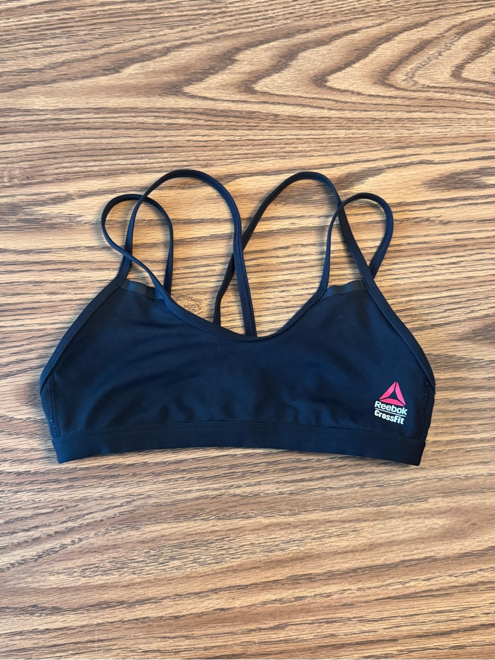 Reebok Black Strappy CrossFit Sports Bra with Pink Logo